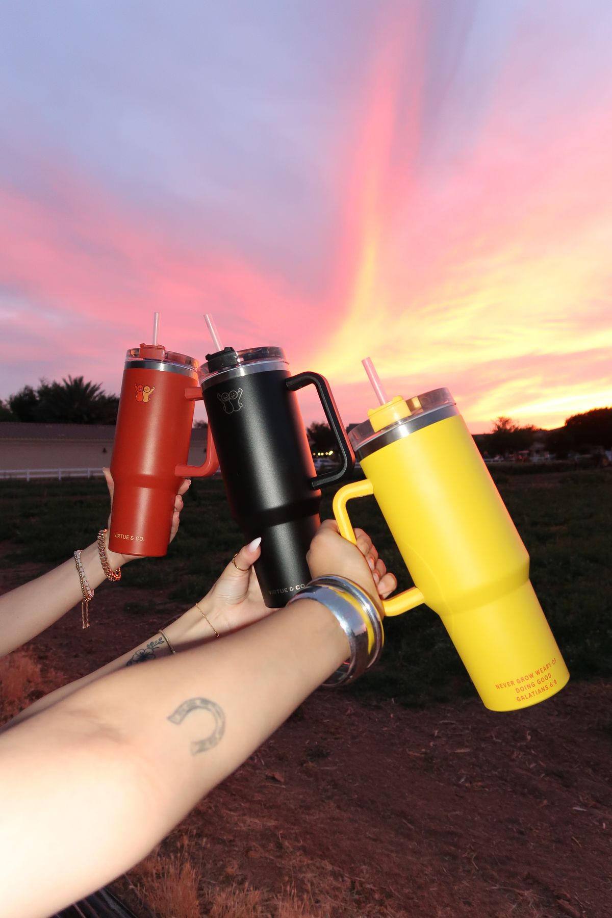 Virtue & Co. tumblers in ember, midnight and golden yellow at sunset